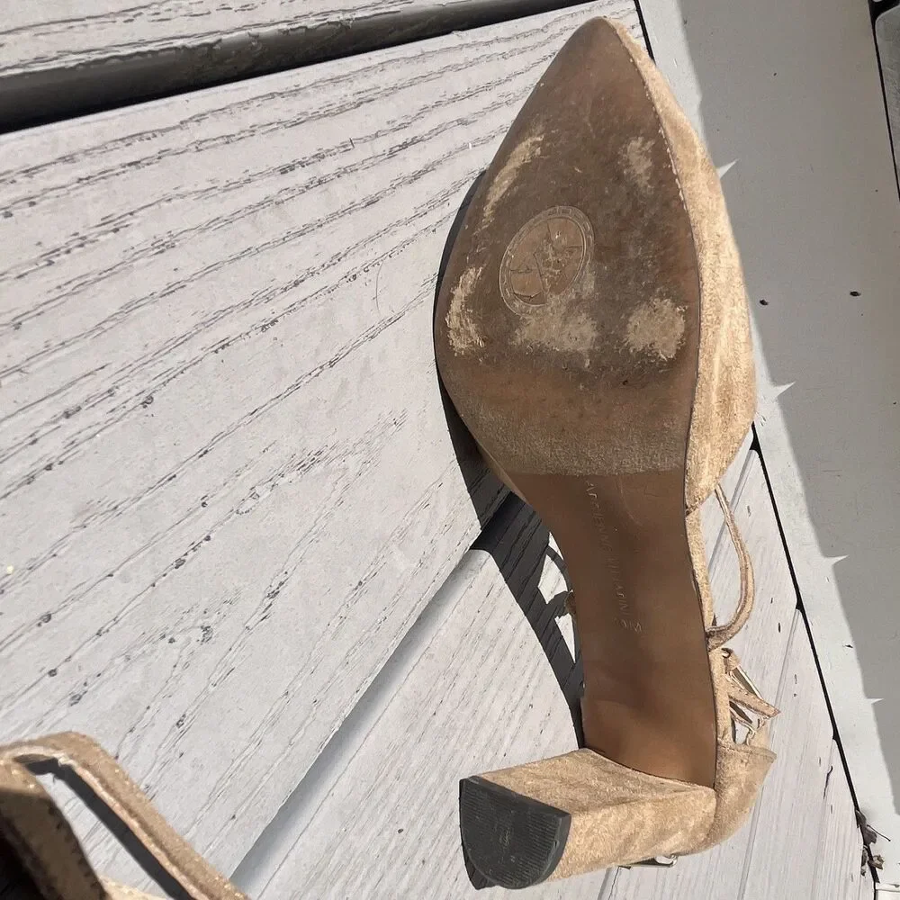 Adrienne Vittadini Women’s Beige Suede Pointed Toe Strappy Block Heels US 10